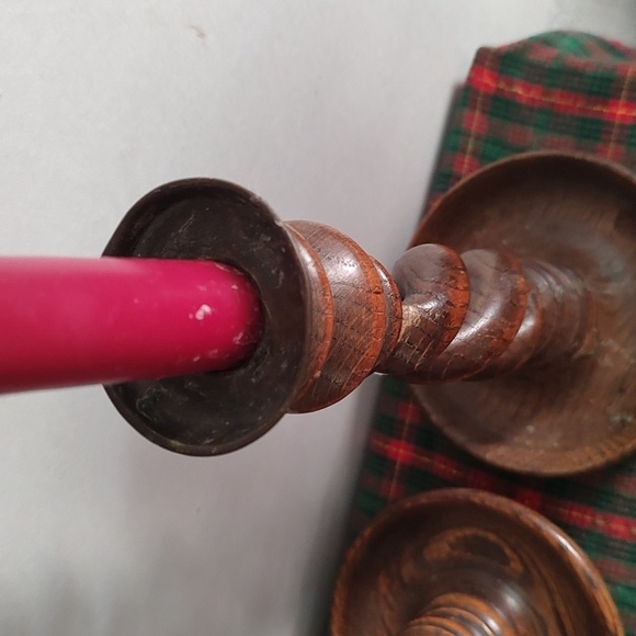 Carved Wood Barley Twist Taper Candle Stick Holders Vintage Antique Set 2 - Picture 7 of 10